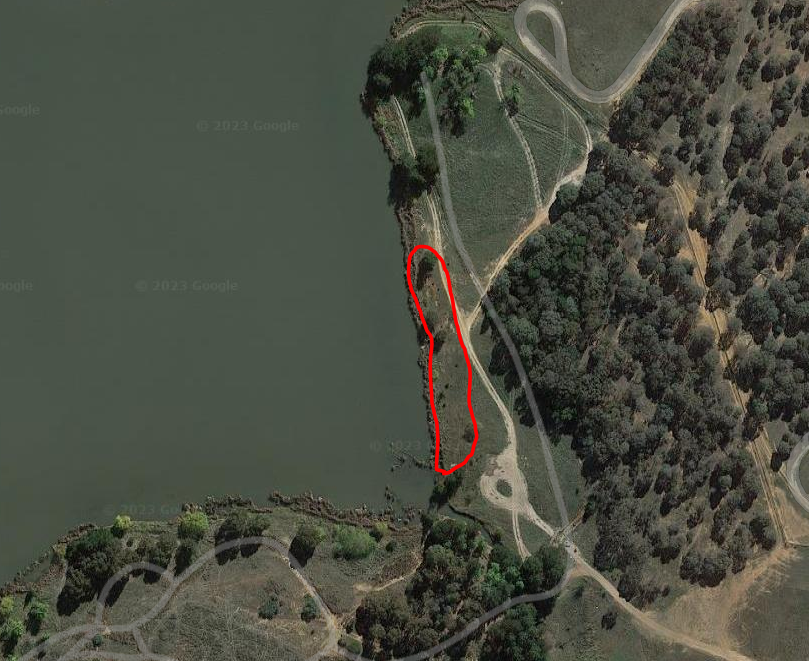 Aerial photo: A patch of Natural Temperate Grassland on the shores of Lake Ginninderra - outlined in red